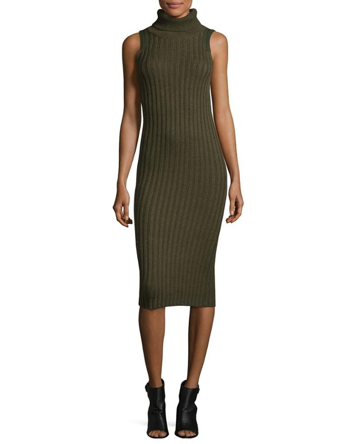 Sleeves Ribbed Wool-blend Midi Dress, Army Green