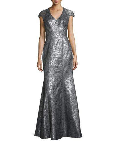 Cap-sleeve Metallic High-slit Gown