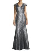 Cap-sleeve Metallic High-slit Gown