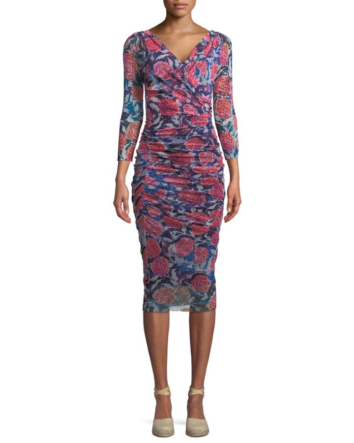 Rose-print Shirred V-neck Dress