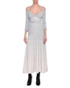 Cold-shoulder Metallic Armour Knit Corset Midi Dress, White/silver