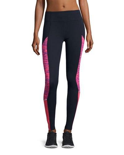 Reflective Stripe-print Performance Leggings, Midnight/diva Pink