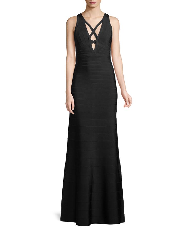 Sianna Crisscross Neck Bandage-knit Evening Gown