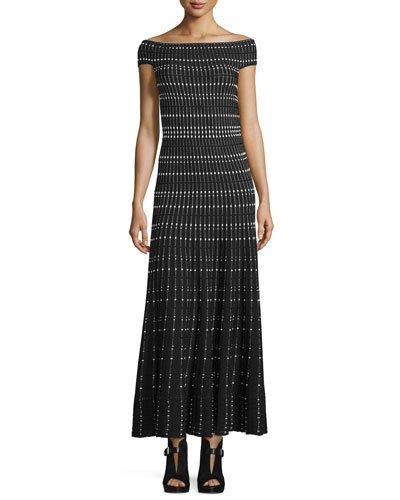 Off-the-shoulder Plisse Gown, Black/ivory