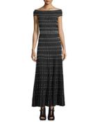 Off-the-shoulder Plisse Gown, Black/ivory