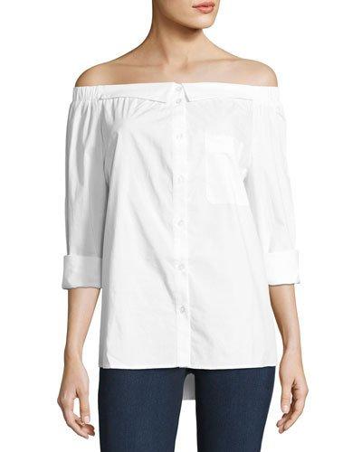 Button-down Off-shoulder Blouse, White