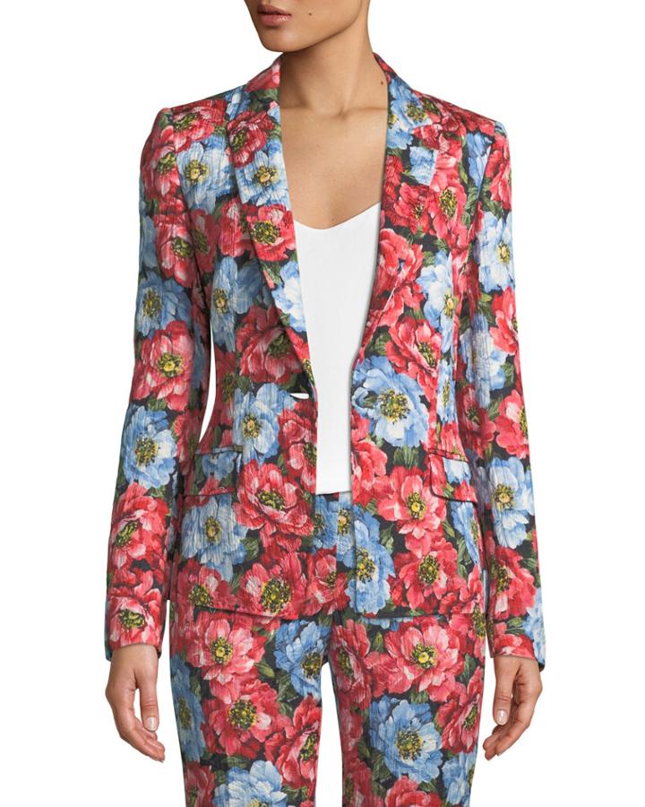 One-button Notched-lapel Floral-jacquard Jacket