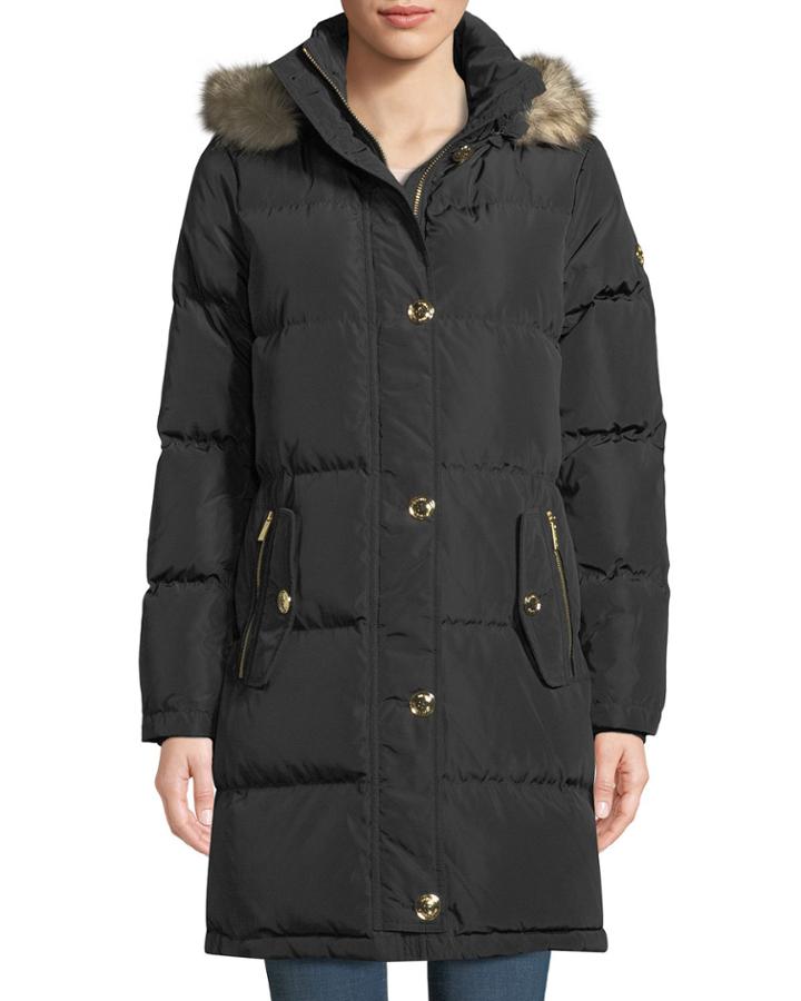 Button-front Quilted Down-fill Coat With Detachable Faux-fur Hood