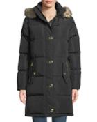Button-front Quilted Down-fill Coat With Detachable Faux-fur Hood