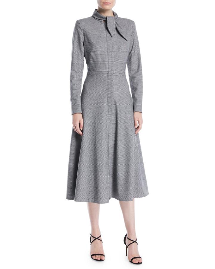 Tie-neck Zip-front Long-sleeve Mini-houndstooth Wool Dress