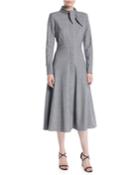 Tie-neck Zip-front Long-sleeve Mini-houndstooth Wool Dress