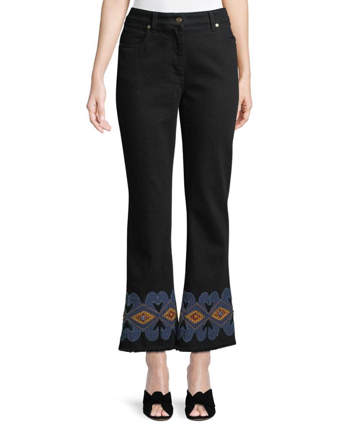 High-rise Flared-leg Jeans W/ Embroidered-hem