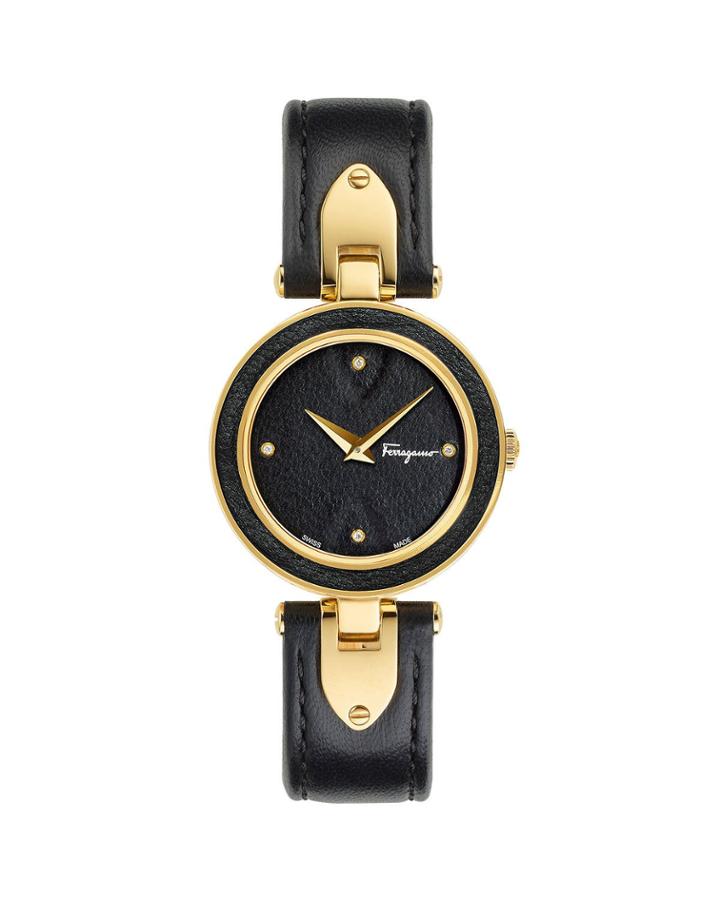 32mm Gilio Leather-dial Watch W/ Diamonds, Gold/black