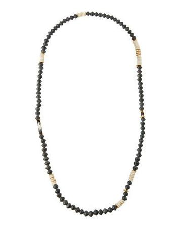 Long Paper, Bone & Brass Beaded Necklace, Gray