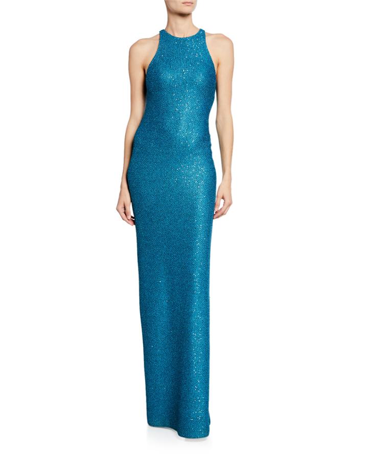 Luxe Sequin Knit Halter Gown
