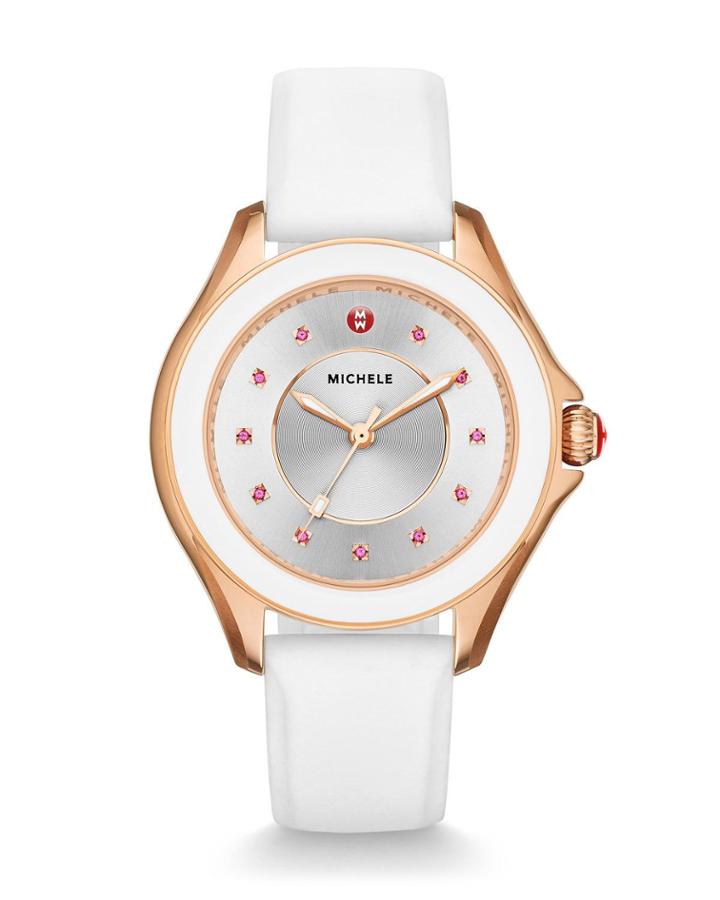 Cape White Silicone Strap Watch With Pink Topaz Dial Markers, Rose Golden