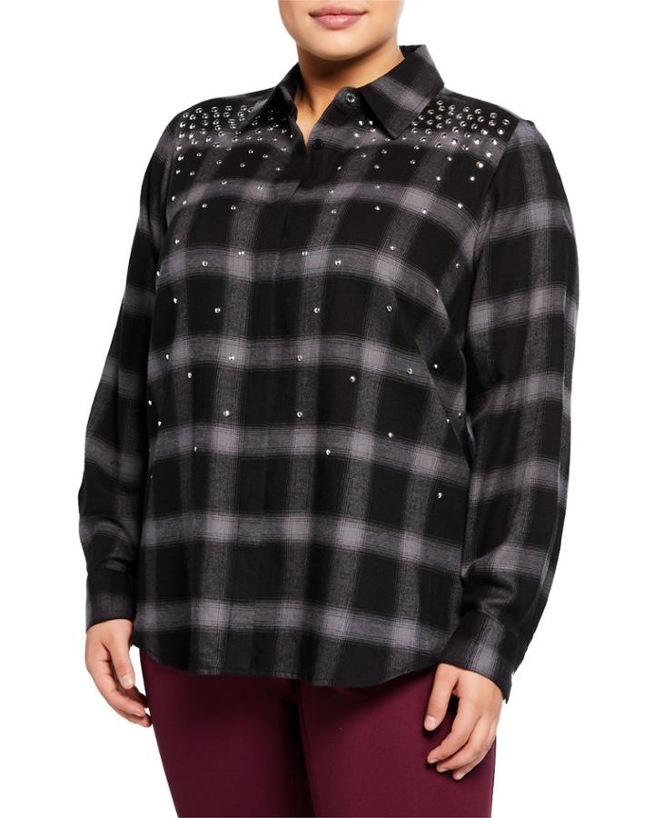 Beaded Plaid Button-down Shirt,