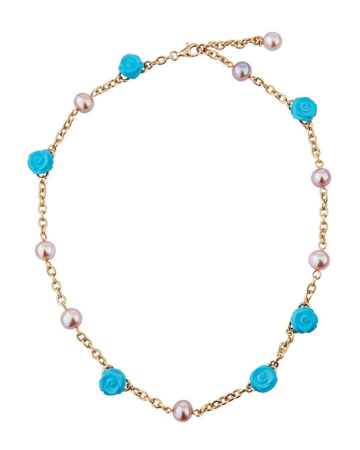 18k Rose Gold Turquoise & Pearl Station Necklace