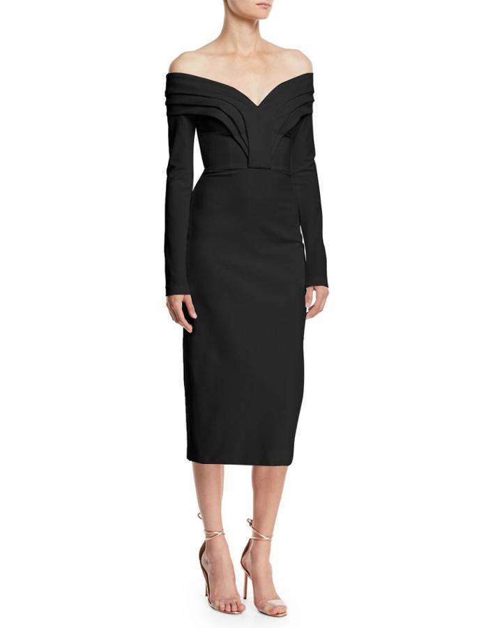 Off-the-shoulder Long-sleeve Pencil Cocktail Dress W/ Curved Panels