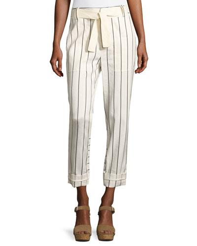 Belted Striped Utility Pants, White