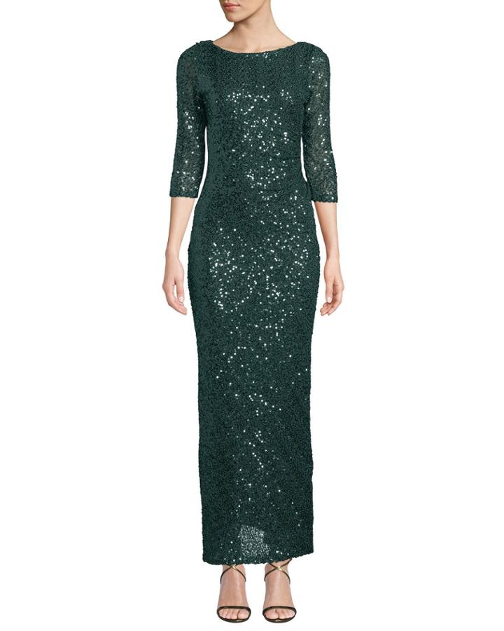 3/4-sleeve Sequined-lace Open Back Gown