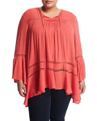 Bell-sleeve Lace-inset Top, Coral,