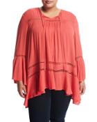 Bell-sleeve Lace-inset Top, Coral,