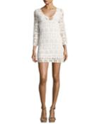 Elza Lace 3/4-sleeve Mini Dress, Ecru