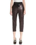 Belted Leather Cropped Pants, Burgundy
