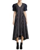 Grabs Your Heart Striped V-neck Ruffled-sleeves Denim Dress