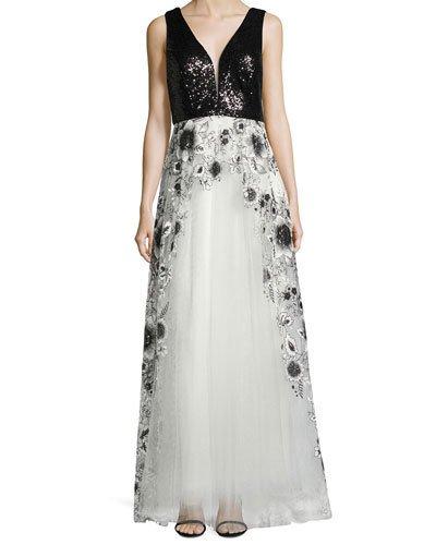 Embroidered-skirt Sleeveless Gown, Black/white