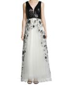 Embroidered-skirt Sleeveless Gown, Black/white