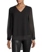 Long-sleeve Chiffon-overlay Blouse, Black