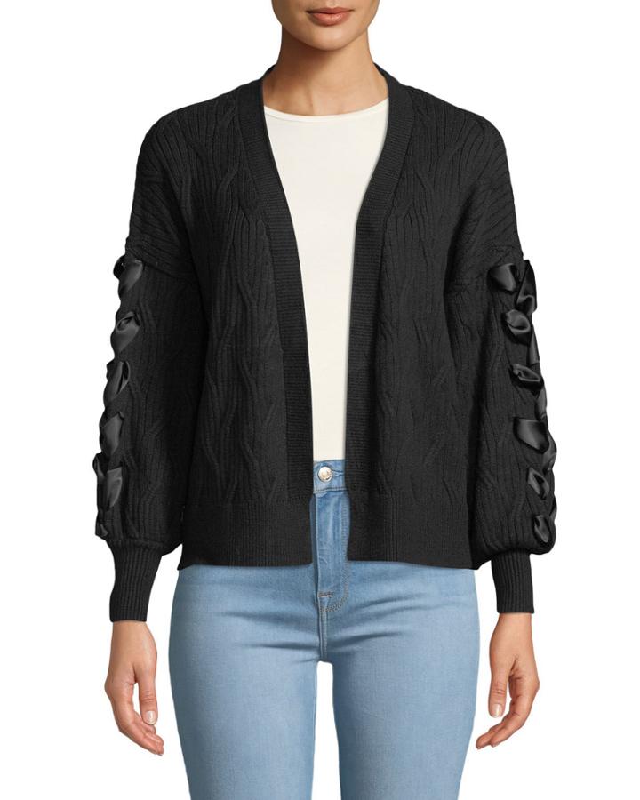 Ribbon-sleeve Open-front Novelty Ribbed Cardigan