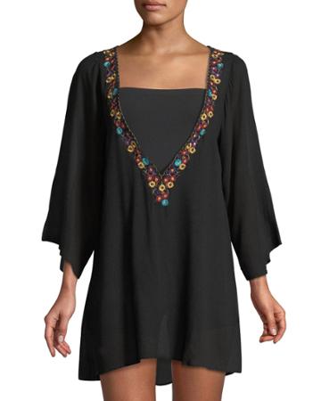 3/4-sleeve Pullover Dress, Black
