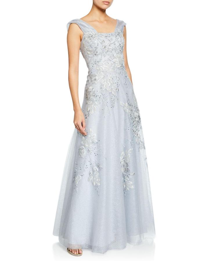 Off-the-shoulder Cap-sleeve Beaded Tulle & Lace