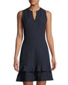 V-neck Tweed Ruffle-hem Dress