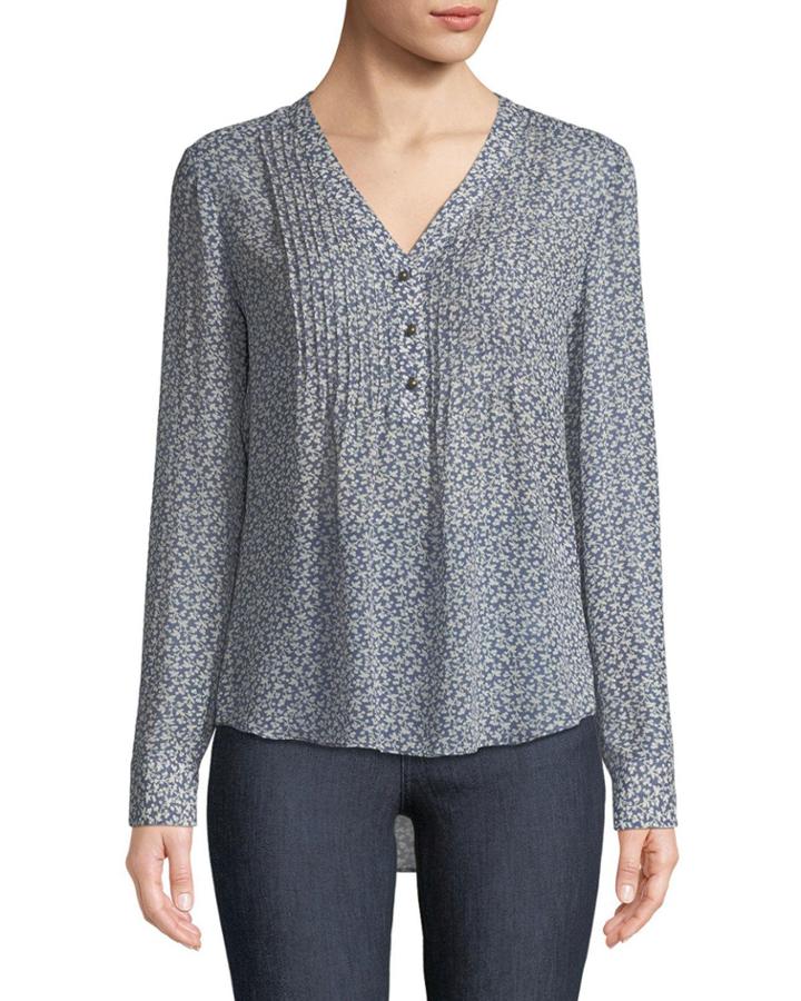 Floral V-neck Pintucked Henley Blouse