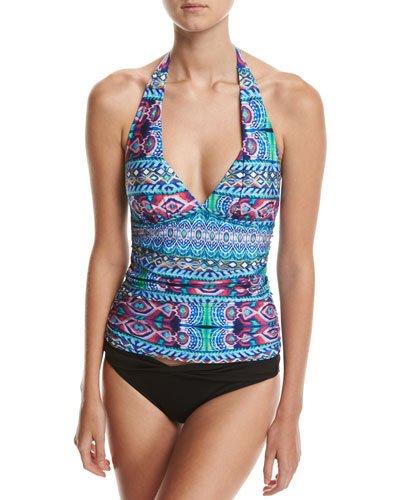 Global Halter-neck Tankini Swim Top, Blue Pattern