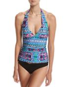 Global Halter-neck Tankini Swim Top, Blue Pattern