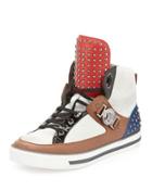 Leather Studded High-top Sneaker, Brown/white