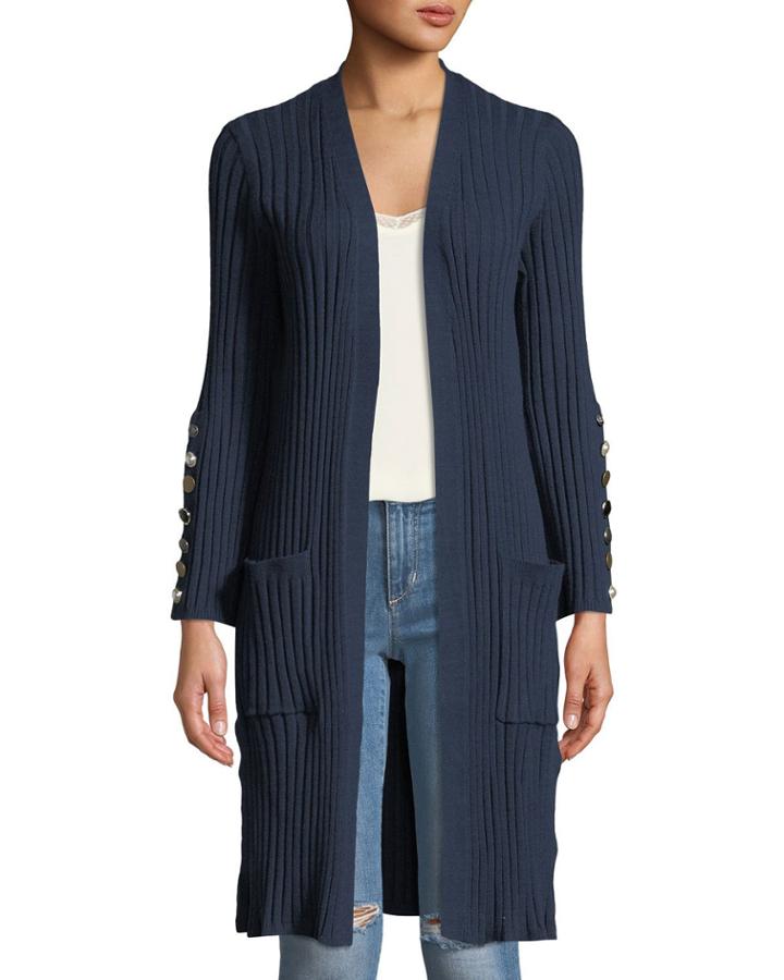 Button-sleeve Ribbed Knit Duster