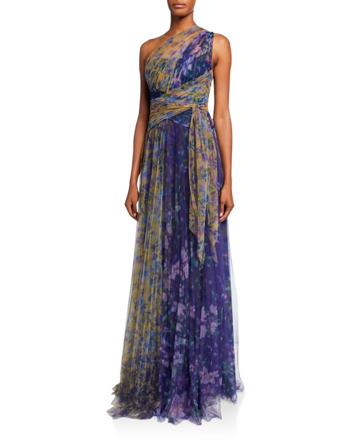 Colorblock Floral-print One-shoulder Tulle Dress W/ Back Cutout