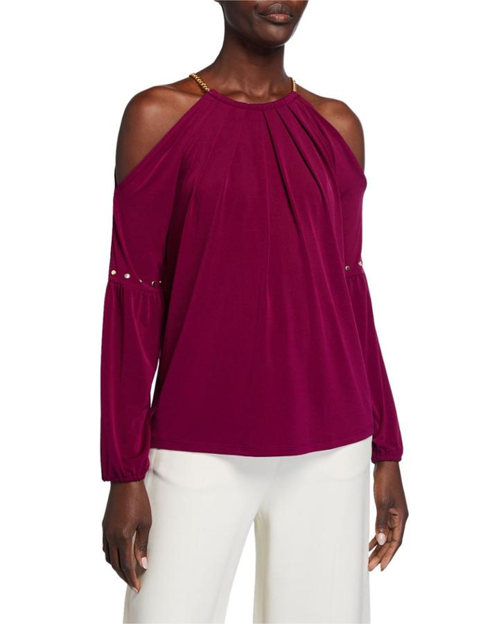 Cold-sleeve Studded Chain Neck Top