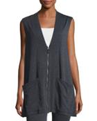 Sleeveless Terry Zip-front Cardigan, Charcoal/natural