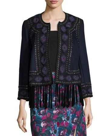 Embroidered Suede-trim Wool Coat,