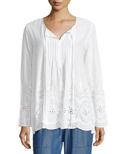 Eyelet-trim Long-sleeve Tunic, White