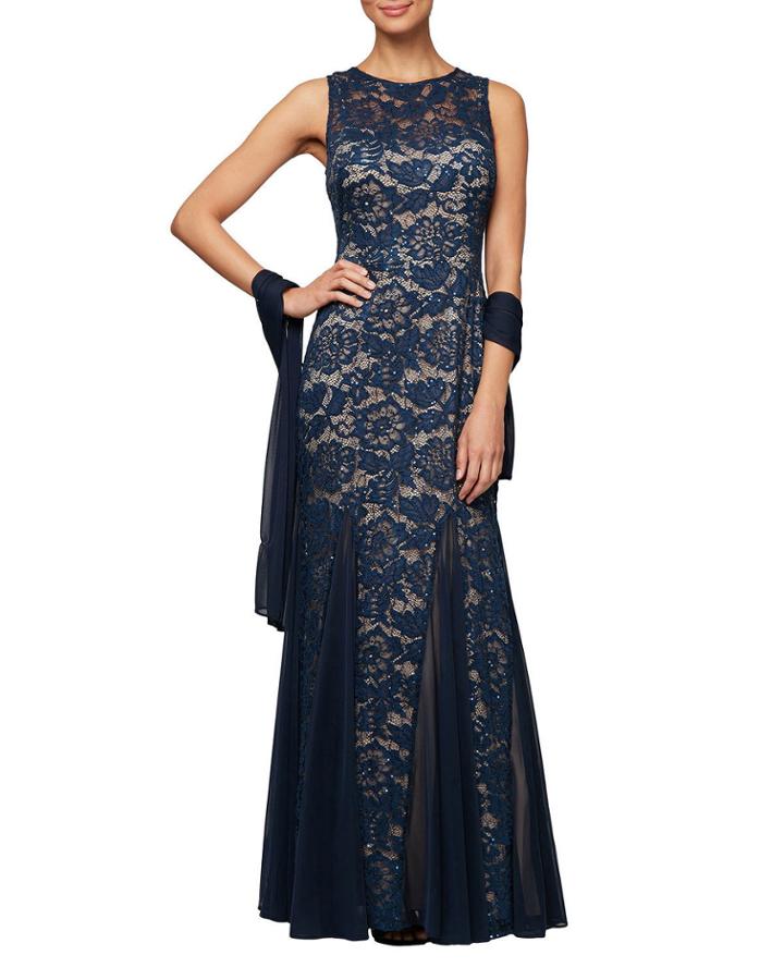 Long Sleeveless Lace Fit-and-flare Godet Dress W/