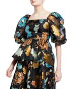 Irene Floral Metallic Puff-sleeve Top