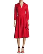 Wrap-front 3/4-sleeve Shirtdress, Crimson